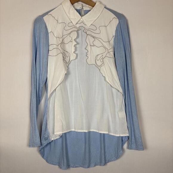 OPi Blue and white Embroidered Layered Blouse with Collar Size: Medium - Picture 2 of 7